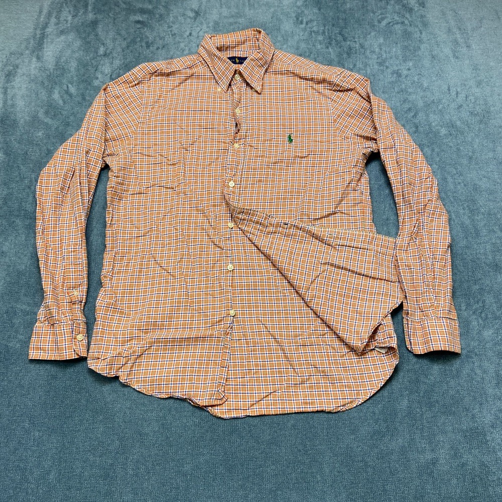 Polo Ralph Lauren Shirt Mens Medium Orange Plaid Pony Logo Cotton Button Down